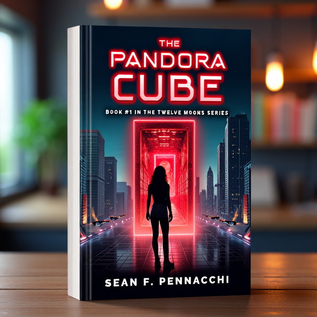 The cover features a futuristic cityscape as the background, with tall skyscrapers and hovering vehicles. In the foreground, there is an image of the Pandora Cube, glowing with a red and black energy. Karen, the protagonist, is shown standing in front of the cube, with determination and a sense of adventure in her eyes. The title of the book is displayed prominently at the top, with the author's name below it.