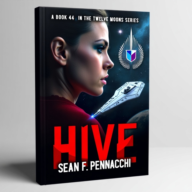 The cover features a close-up of Karen's face, showing determination and strength. Behind her, we see the Flag Starship IAPICF Pinnacle, soaring through space. The Prism Empire's emblem looms in the background, representing the main conflict of the story. The overall style is futuristic and dynamic.