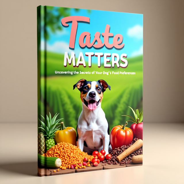 The cover features a vibrant and inviting scene of a dog surrounded by various types of food in a farm setting. The dog is shown with an excited expression, emphasizing the theme of food preferences and taste. The background showcases a lush green farm landscape to create a visually appealing and natural feel.
