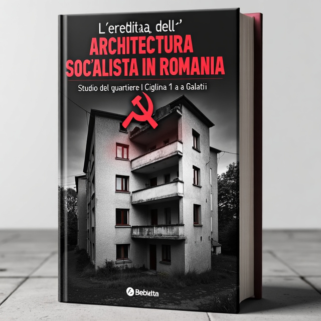 The cover features a powerful image of a socialist dwelling in the Quartiere Țiglina 1 in Galați, Romania. The image is centered and in black and white, with selective red accents highlighting the architecture. A faded hammer and sickle symbol is subtly overlaid on the image, symbolizing communism.
