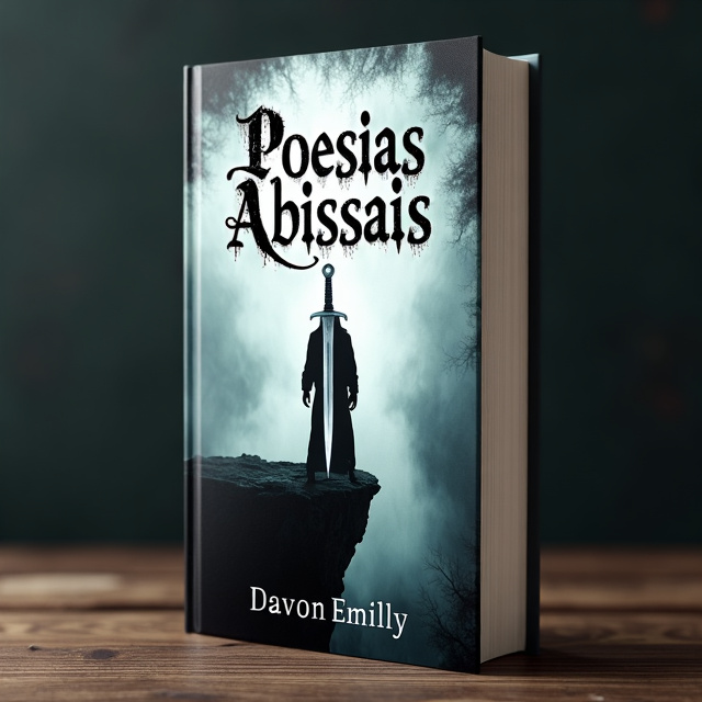The cover features a mysterious and dark background with a silhouette of a person standing on the edge of an abyss. A silver dagger is positioned in front of the figure, symbolizing danger and unknown depths. The title "Poesias Abissais" is written in a distressed font, intertwining with the silhouette, adding to the sense of mystery and sadness.