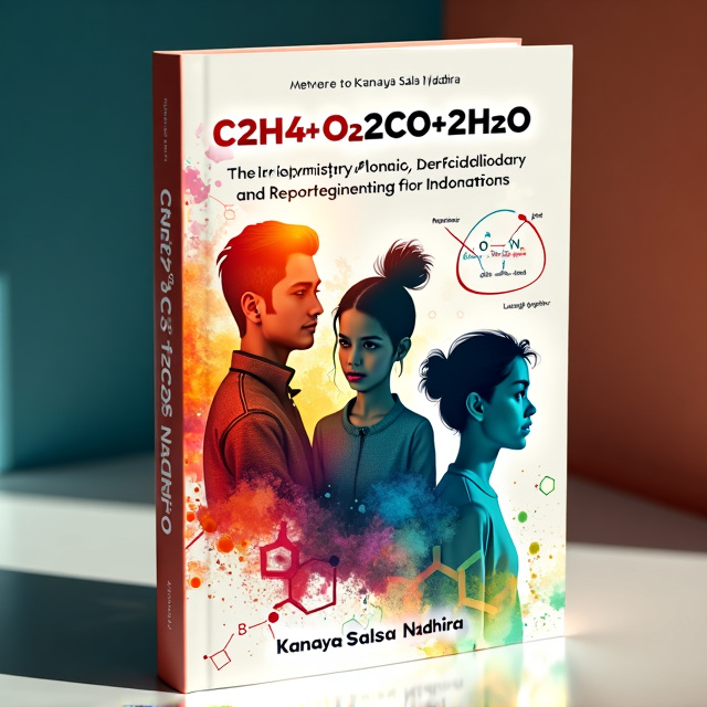The cover features a vibrant and dynamic composition with elements of chemistry, physics, and mathematics incorporated in a figurative way. Four main characters are depicted in a stylized manner, symbolizing their achievements and representing Indonesia on the international stage. The cover also includes theories and equations that describe memories, joy, sadness, laughter, tears, and sacrifice, creating a visually rich and thought-provoking design.