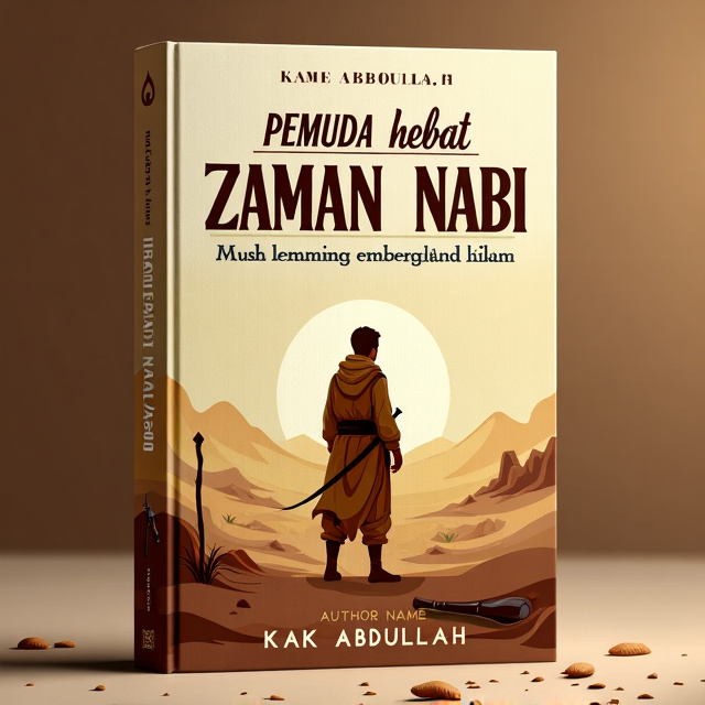 The book cover features a central illustration of a young man standing in a desert landscape. He is depicted as strong and courageous, wearing traditional clothing of the prophet's era. The desert background includes elements of war, such as scattered weapons and sand dunes. The color palette consists of earthy tones, with brown and gold dominating the illustration.