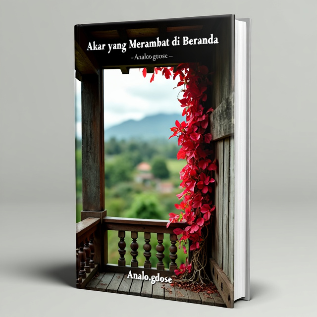 The cover features a close-up image of a vibrant red climbing plant with its roots entwined on a weathered wooden balcony. The balcony overlooks a serene countryside landscape in the background. The image is framed by a white border, giving it a clean and modern look.