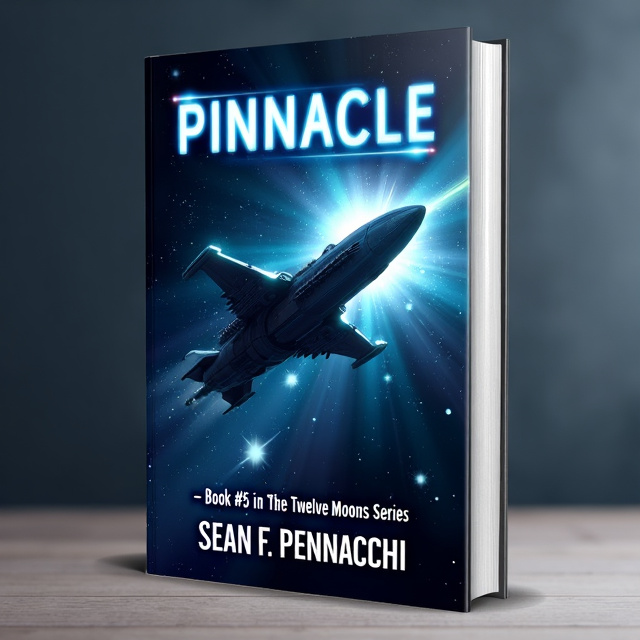 The cover features a futuristic spaceship floating in space with stars and galaxies in the background. The spaceship is sleek and angular, representing the advanced technology of the science fiction genre. The title "Pinnacle" is prominently displayed at the top in bold, futuristic font. The author's name, Sean F. Pennacchi, is placed at the bottom in a more understated font.