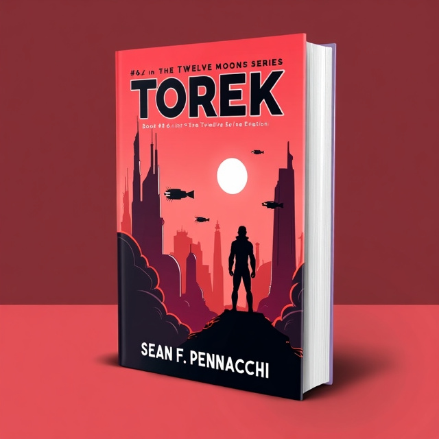 The cover features a futuristic cityscape in shades of red and black, with towering buildings and flying vehicles. In the foreground, there is a silhouette of Torek, dressed in a high-tech suit, standing on a ledge looking out at the city. The title "Torek" is prominently displayed in bold red letters at the top of the cover, with the book series name "The Twelve Moons Series" below it in a sleek black font. The author's name, Sean F. Pennacchi, is positioned at the bottom in a clean and modern font.