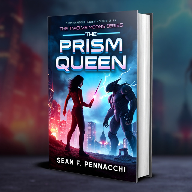 The cover features Commander Karen Ashton in a dynamic pose, wielding a futuristic energy weapon, facing off against the imposing Prism Empire Insectoid Queen. The background showcases a futuristic cityscape with towering buildings, glowing with red lights. The city is contrasted with a dark, ominous sky filled with swirling clouds and sparks of electricity.