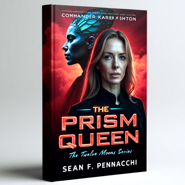 The cover features a close-up of Commander Karen Ashton, looking determined and ready for action. Behind her, the Prism Empire Insectoid Queen looms, half human and half butterfly, radiating power and mystery. The background is a mix of red and black, representing the sci-fi genre and the intensity of the story.