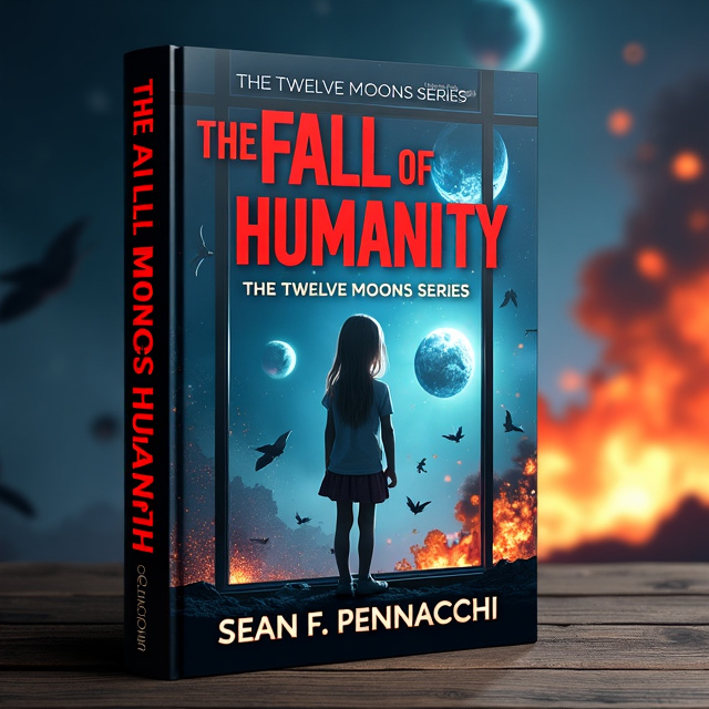The cover features a young girl standing in front of a window, her face reflecting a mix of fear and determination as she watches Earth being destroyed by fire and explosions. The scene is set in space, with debris floating around and the twelve moons visible in the background.