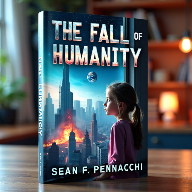 The cover features a close-up view of a futuristic cityscape with towering skyscrapers and advanced technology. In the foreground, a young girl with a determined expression is looking out of a window at the destruction of Earth. The image is set against a backdrop of space and distant planets.
