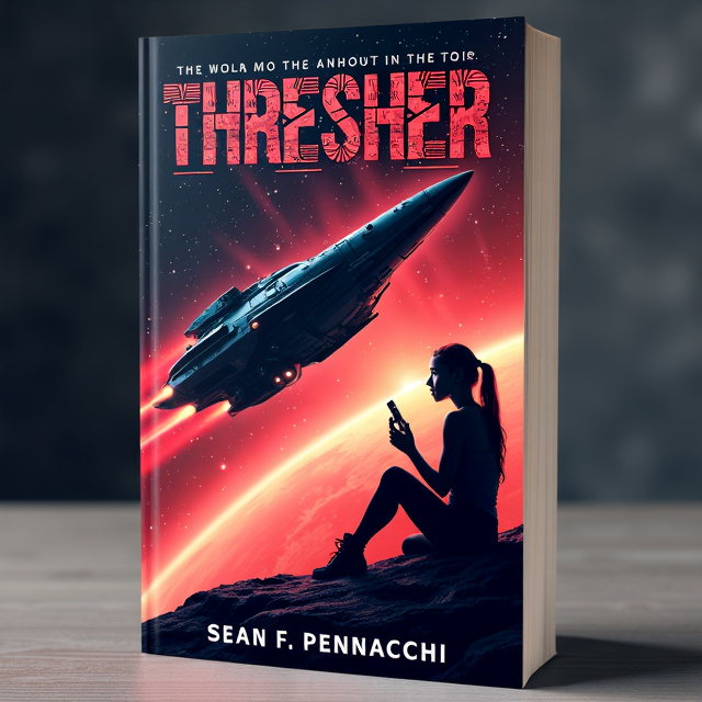 The cover features a close-up shot of a futuristic starship soaring through space against a backdrop of stars and galaxies. The starship is sleek and edgy, with sharp angles and glowing red accents. In the foreground, a determined-looking young woman, Karen Ashton, sits on the deck of the starship, holding a technological device in her hand and looking out into the unknown with a sense of adventure.