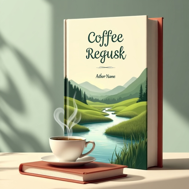 The cover features a tranquil landscape with a gentle stream flowing through green meadows. A cup of coffee with steam rising from it is placed on a book, symbolizing the union of literature and coffee. The overall style is minimalistic and clean, with soft pastel colors and a serene atmosphere.