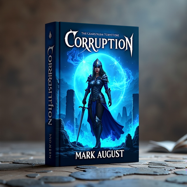 The cover features a female knight in a dynamic pose, wearing a helmet and holding a sword. She is surrounded by blue mystical elements, symbolizing magic and the fantasy element of the book. The background depicts ancient ruins and mountains, adding a sense of mystery and adventure.