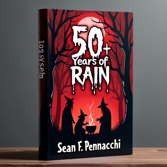 The cover features a sinister-looking forest at night, with twisted trees reaching towards the sky and a full moon casting an eerie glow. In the foreground, a group of witches is gathered around a cauldron, their shadows looming large. The image is rendered in dark shades of red and black, adding to the unsettling atmosphere.