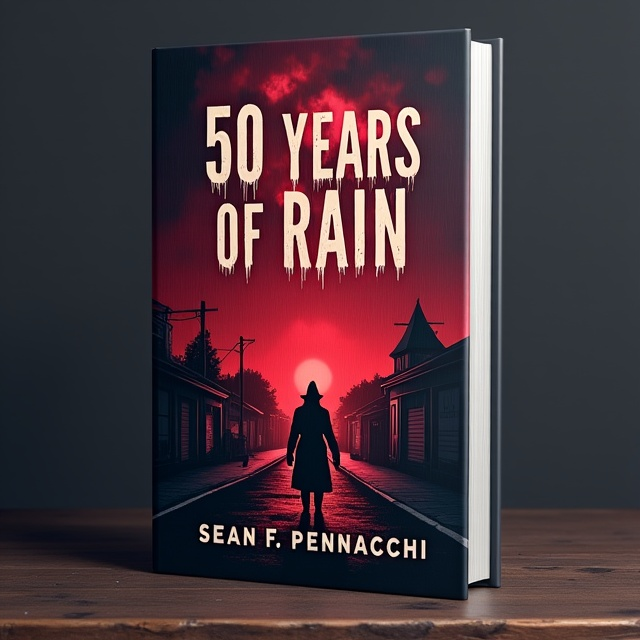 The cover features a small town at night, with eerie red rain falling from the sky. In the foreground, a sinister looking witch stands, casting a shadow over the town. The overall style is dark and gloomy, creating an unsettling atmosphere.