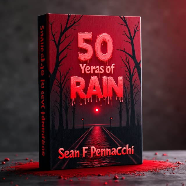 The cover features a dark and gloomy town covered in red rain. The rain is depicted as sharp, violent streaks, giving a sense of danger and unease. The town is surrounded by ominous trees and a blood-red sky, adding to the horror element.