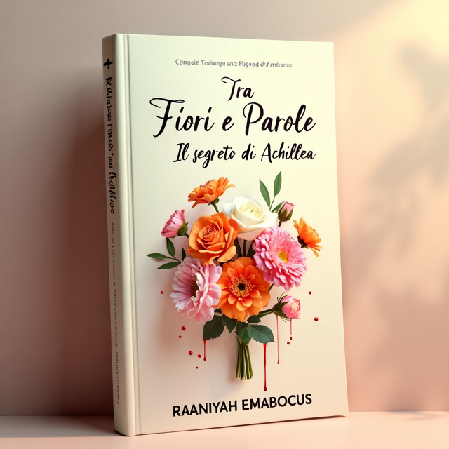The cover features a cream background with a soft vignette effect. In the center, there is a bouquet of pink carnations, orange alstroemeria, and white roses, seemingly floating. The flowers have tears of blood running down their petals, representing the complications and turmoil in the story.