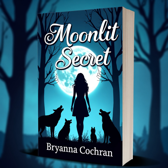 A moonlit forest with a silhouette of a woman standing in the center, surrounded by wolves. The moon is prominently featured in the background, casting an ethereal glow on the scene.