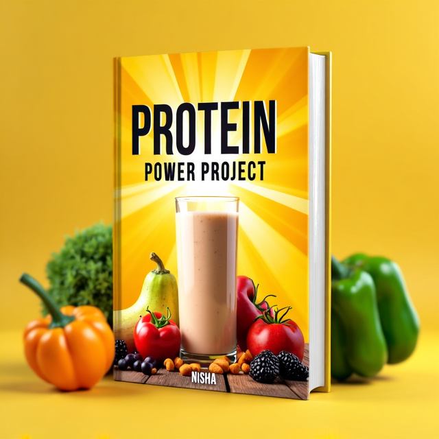 The cover features a vibrant yellow background with a burst of energy emanating from the center. In the foreground, there is an image of a protein shake, surrounded by fruits and vegetables. The title "Protein Power Project" is displayed prominently at the top, with the author's name "Nisha" underneath it.