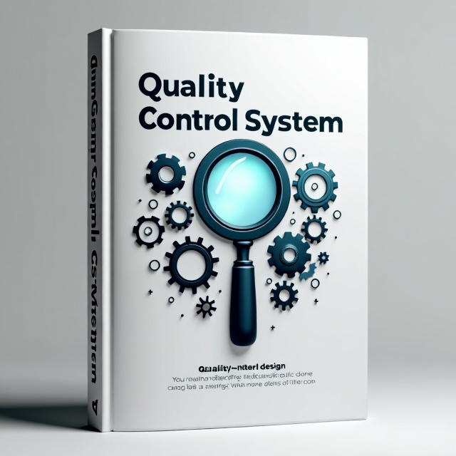 A clean and minimalist design featuring a magnifying glass at the center, symbolizing the attention to detail and meticulousness of quality control. The magnifying glass is surrounded by various gears and components, representing the intricate nature of the quality control system.