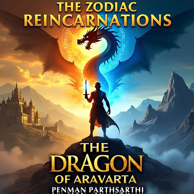 The central figure of Rudra, the Dragon Zodiac reincarnation, stands tall and confident in the foreground. He holds a glowing sword in his hand, surrounded by faint wisps of dragon-shaped energy or aura. The background is split into two halves. On one side, a golden, sunlit kingdom with grand palaces and lush landscapes represents Aryavarta's strength and glory. On the other side, a shadowy landscape with jagged mountains and dark clouds symbolizes the growing threat of the Anti-Dragon United Front. Above Rudra, a fiery dragon silhouette soars, symbolizing his connection to the Dragon Zodiac.