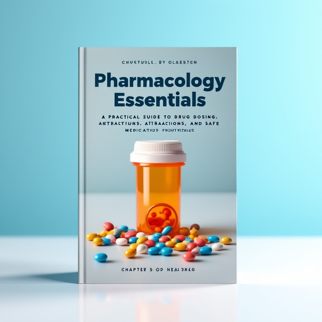 The cover features a close-up image of a pill bottle, with pills spilling out onto a clean, white surface. The pills are depicted in vibrant colors to create visual interest and draw attention to the topic of medication. The background is a soft blue gradient, representing a sense of calm and trust in the field of pharmacy.
