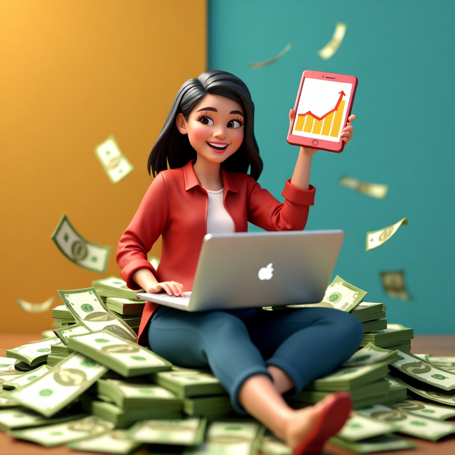 A 3D animated Disney Pixar cartoon of a happy woman sitting on a pile of money, with a laptop in front of her. The woman is smiling and holding up a digital device showing a graph representing her successful digital entrepreneurship journey.