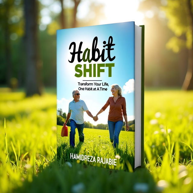 A sunny day scene with a lush green field, surrounded by tall trees. In the foreground, a happy middle-aged man and woman are walking hand in hand, portraying a sense of health and happiness. The title "Habit Shift Transform Your Life, One Habit at a Time" is placed prominently at the top, with the author's name, Hamidreza Rajabie, displayed at the bottom.