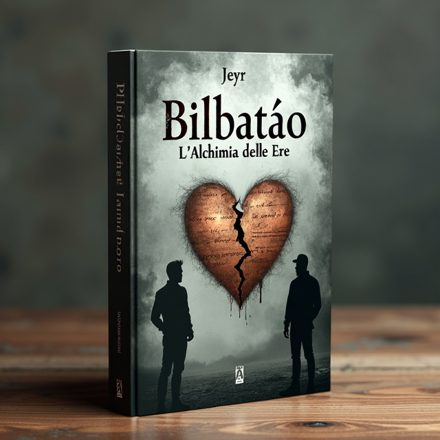 The cover features a misty grey background with a faded image of an ancient manuscript in the center. Overlaying the manuscript is a broken heart symbol in copper color, representing the emotional journey of the characters. On the left side, a silhouette of Christopher and Kyril can be seen, symbolizing their father-son relationship and connection to the story.