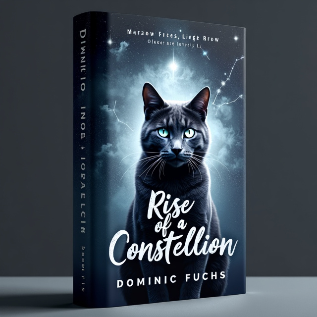 The cover features a dominant image of a gray cat with piercing silver eyes, positioned in the center. Behind the cat, there is a starless sky with half of a constellation visible, while the other half is composed of a young brown-haired boy, approximately 22 years old. The boy is looking towards the cat, creating a sense of mystery and tension.