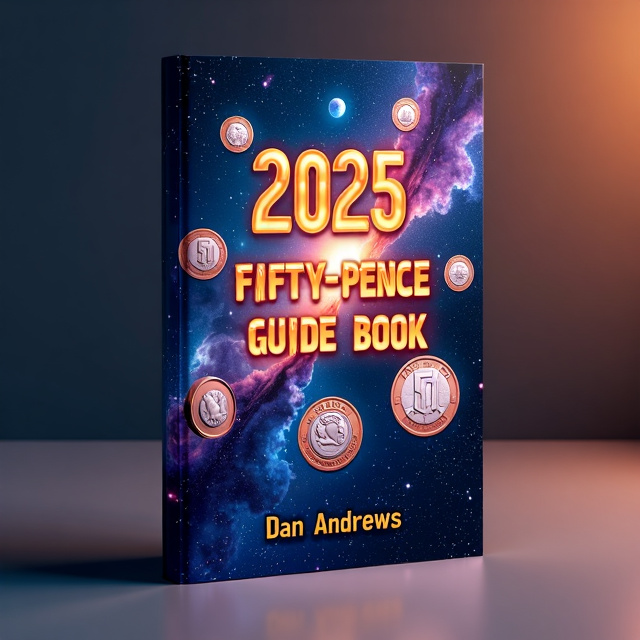 The cover features a futuristic scene of a galaxy with stars, planets, and nebulas. In the foreground, there are UK 50p coins, Gibratlar 50p coins, and Isle of Man 50p coins floating in space.