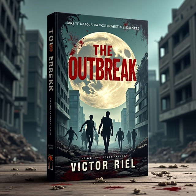 The cover features a deserted, ruined cityscape with buildings in disarray and broken windows. In the foreground, a group of survivors is seen, running in fear from a horde of zombies. The moon is prominently displayed in the sky, adding an eerie and ominous atmosphere to the scene. Blood splatters and scattered weapons are scattered throughout the cover, emphasizing the chaos and danger of the outbreak.