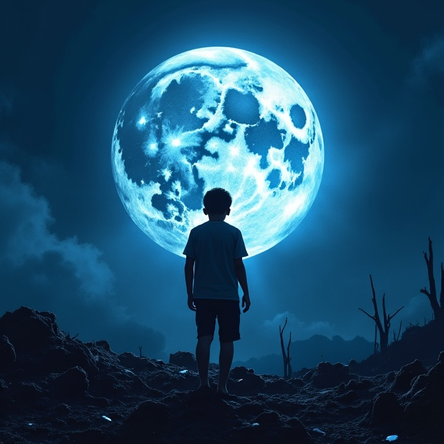The cover features a full moon in the night sky, casting an eerie blue light over a desolate landscape. In the foreground, a determined young boy stands amidst a mountain of ashes, blood, and corpses, his gaze focused ahead with a glimmer of hope in his eyes.