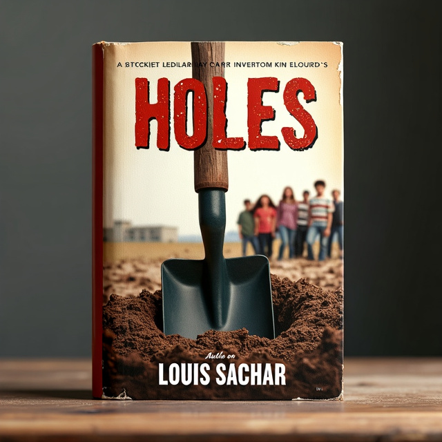 The cover features a close-up image of a shovel digging into the ground, creating a hole. The book title "Holes" is placed above the image, with a distressed font style to convey the action and adventure genre. In the background, we see a group photo from the movie adaptation, showcasing some of the main characters. The author's name, Louis Sachar, is placed at the bottom of the cover, in a clean and bold font.