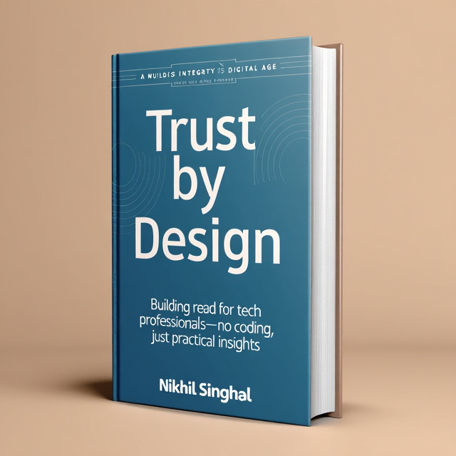 The cover features a clean and minimalist design. The background is a solid color, with a simple line pattern overlay. On the top portion of the cover, the title "Trust by Design" is written in bold, uppercase letters, using a modern sans-serif font. Below the title, the subtitle "Building Integrity in the Digital Age" is displayed in a smaller, but still legible font. In the middle section of the cover, the text "A must-read for tech professionals—no coding, just practical insights" is prominently placed. At the bottom, the author's name is shown in a smaller font.