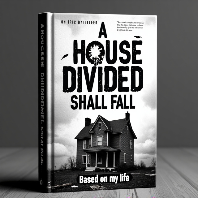 The cover features a crumbling, black and white image of a house, with pieces of the structure falling away. The title, "A House Divided Shall Fall," is prominently displayed in bold, distressed typography, creating a sense of foreboding and decay.