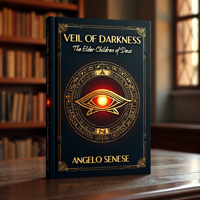 The cover features a dark, mysterious background with a faint image of the Library of Alexandria interior. In the center, an encircled Eye of Ra/Horus is prominently displayed in gold, emitting an otherworldly glow. Surrounding the eye are intricate illuminati/templar style symbols and designs, creating an aura of mysticism and ancient power.