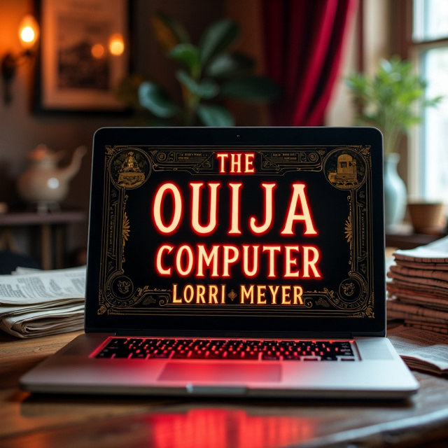 The cover features a close-up image of a laptop screen displaying a OUIJA board with the letters glowing in red. Surrounding the laptop are four friends, seated around a table in a Bohemian room, their hands placed on the planchette (computer mouse). In the background, there are stacks of old newspapers and a vintage train passing by, symbolizing the newspaper history and the connection between the physical and spiritual worlds.