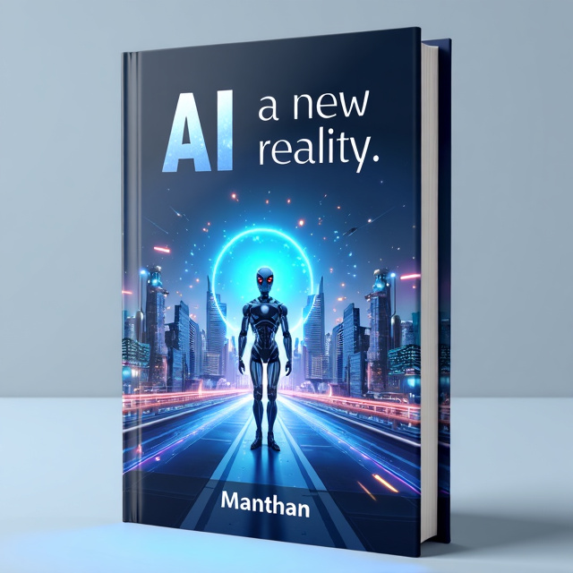 The cover features a futuristic cityscape with shining skyscrapers and advanced technology floating in the air. In the foreground, there is a humanoid robot standing tall. The overall color scheme is a combination of metallic silver and electric blue, giving a sense of innovation and advancement.
