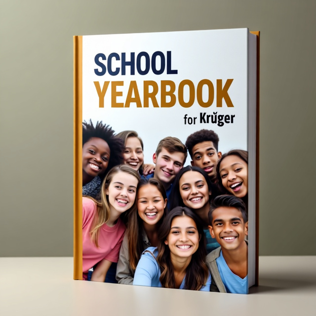 The cover features a close-up photograph of a group of diverse students smiling and posing together, symbolizing happiness and unity. The background is a soft, muted color palette to evoke a sense of calmness. The title "School Yearbook for Krüger" is prominently displayed in bold, modern typography at the top of the cover, with the word "Krüger" emphasized in a contrasting color to convey pride and importance.