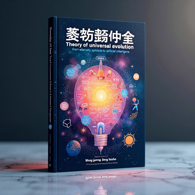 A tech-futuristic illustration with abstract layers depicting the evolution of genes, neurons, text symbols, and artificial intelligence. The illustration is centered on the cover and has a whimsical and imaginative style, incorporating vibrant colors and intricate details. The background features a faded image of a cosmic nebula, creating a sense of wonder and exploration.