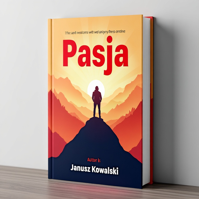 The cover features a bold and powerful image of a person standing on top of a mountain, symbolizing success and achievement. The image is surrounded by rays of light, adding a sense of inspiration and motivation. The title "Pasja" is prominently displayed in a modern and clean font, in red color, representing passion and determination.