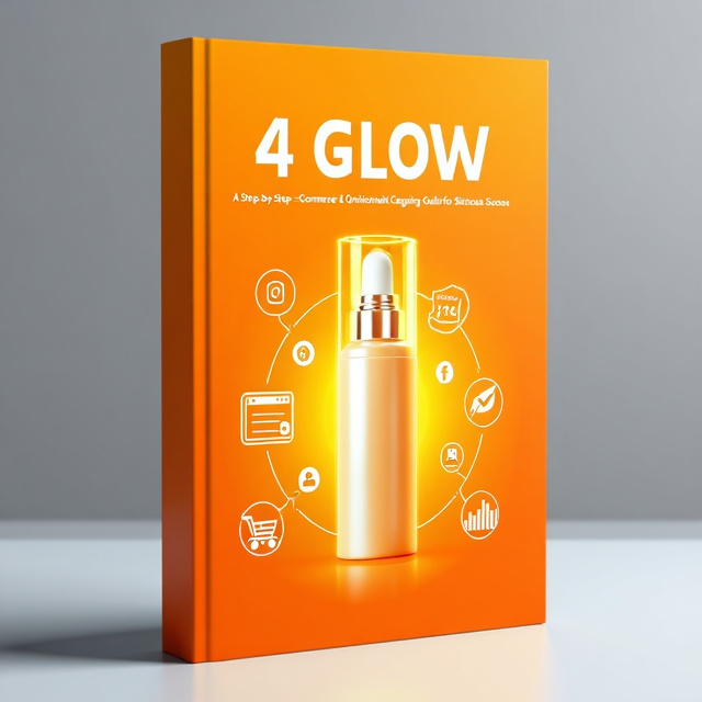 The cover features a vibrant orange background with a clean and minimalist design. In the center, there is a glowing skincare product, representing the focus of the book. Surrounding the product, there are various digital marketing elements, such as a shopping cart, social media icons, and a graph showing sales growth.