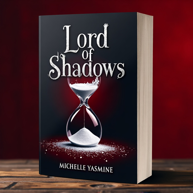 A partially shattered hourglass with a trickle of sand falling from the broken glass, set against a dark red background. The hourglass is adorned with silver glittering details, representing glamour and passion.
