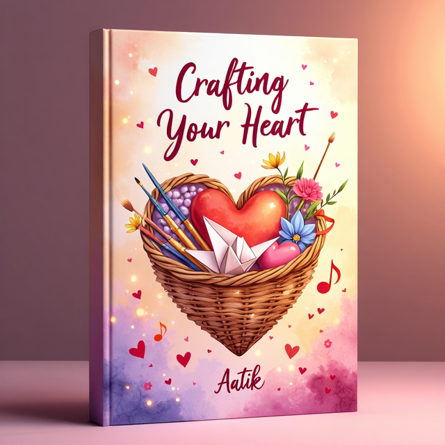 The cover features a heart-shaped woven basket filled with symbols of love and creativity such as paintbrushes, beads, ribbons, flowers, and a folded paper crane, surrounded by twinkling fairy lights. Delicate watercolor floral patterns subtly border the heart, creating a romantic frame. Soft, handwritten-style letters and musical notes float at the bottom, adding a nostalgic touch. The background is a blend of warm peach and blush pink fading into lavender, creating a dreamy ambiance.