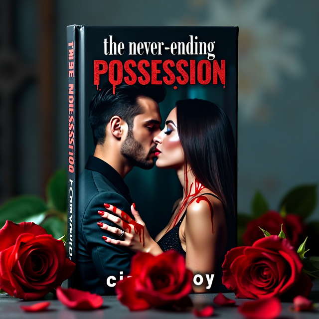 A close-up image of a man and a woman passionately kissing, both covered in blood. The background is a dark and gothic mansion, with shadows and dim lighting. Red roses are scattered around them, symbolizing love and obsession. The woman is holding a gun, representing danger and possession.