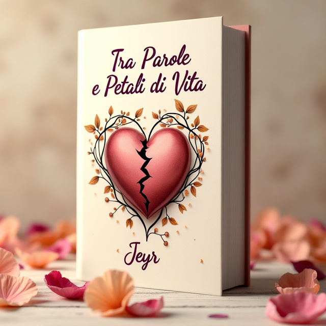 A soft, dreamy background of cream color with delicate petals in old pink and soft orange scattered across it. In the center, there is a broken heart, symbolizing the complications in the family. Around the heart, there are intertwining vines, representing communication and connection.