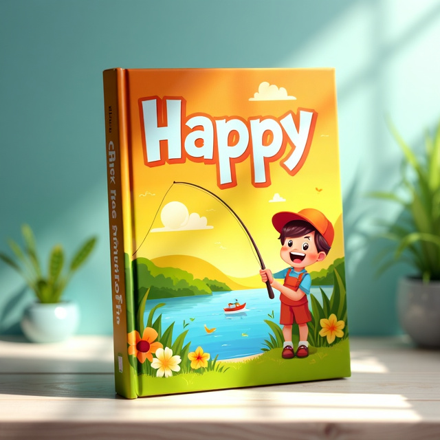 The cover features a vibrant illustration of a person fishing with a big smile on their face, surrounded by a beautiful landscape. The image is set against a bright, sunny background to further evoke a feeling of happiness.