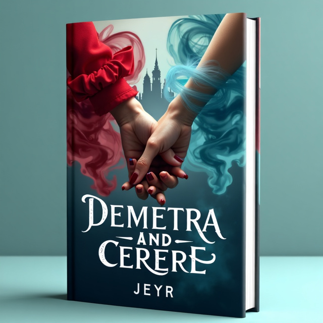 The cover features a close-up image of two intertwined hands, one with dark red nails and the other with light sea blue nails, symbolizing the bond between the two sisters. The hands are surrounded by swirling dark red and light sea blue smoke, representing the psychological and dark passions in the story. In the background, there is a faint silhouette of a palace, representing the sisters' opulent upbringing.