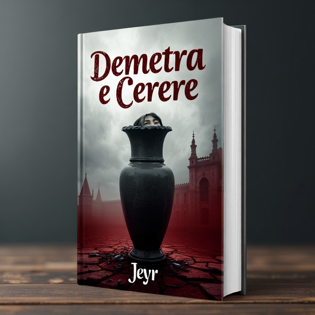 The cover features a misty grey background with a dark red silhouette of a palace. In the foreground, there is a shattered vase with a human head inside, representing the cruelty towards Cerere. A shadowy figure of a woman is overlaid on top, symbolizing the obsessions and dark passions of the story.